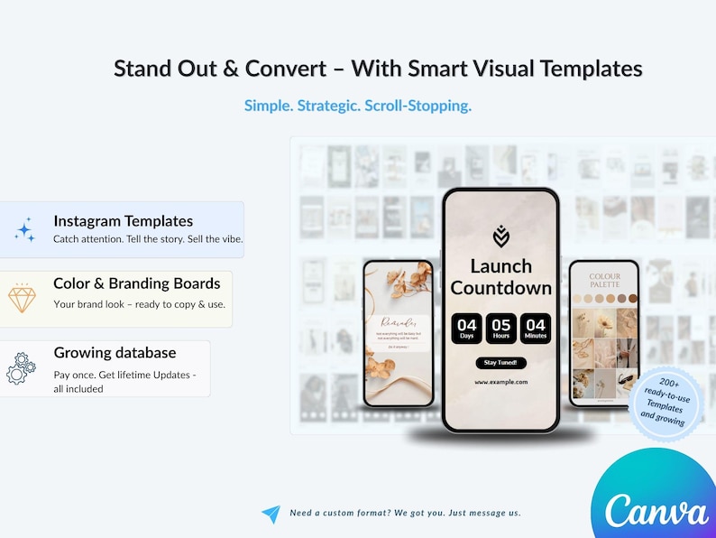 200+ ready-to-use Canva templates – launch countdowns, brand kits, Instagram templates, and design boards to boost conversions.