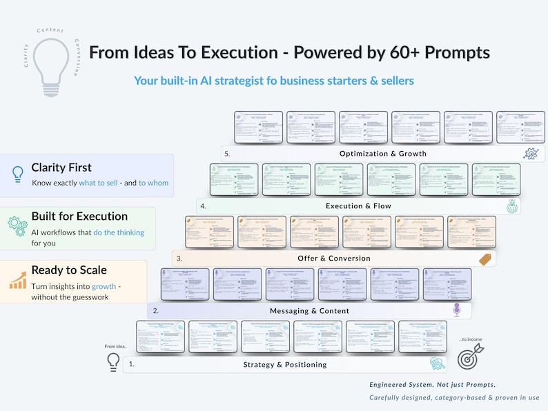 Step-by-step prompt system – 60+ prompts from strategy and content to execution and growth, structured in 5 proven stages.