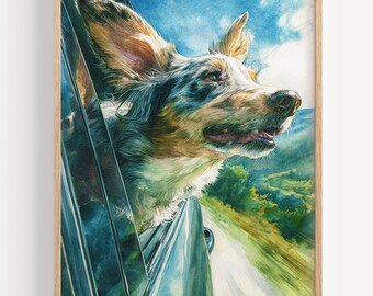 May include: Watercolor painting of a dog with its head out of a car window. The dog has a mix of brown, white, and black fur. The background shows a blue sky and green landscape. The artwork is framed in a light brown wooden frame.