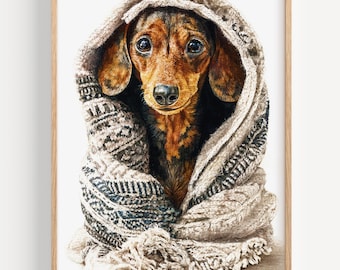 Impression d'art teckel confortable - joli chien saucisse emballé dans une couverture, décoration murale aquarelle pour chien, cadeau cottage pour les amoureux des chiens, art mural pour animaux de compagnie
