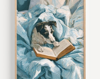 Gezellige lezende hond kunstprint – schattige terriër aquarel, hond met boek in bed illustratie, cottagecore muurdecoratie, cadeau voor honden- en boekenliefhebbers