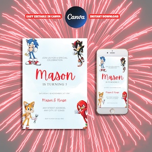 Sonic 3 Birthday Party Invitation, Any Age Super Hedgehog Boy Girl Party Invite, Colorful Sonic Hedgehog Party Invitation Instant Canva