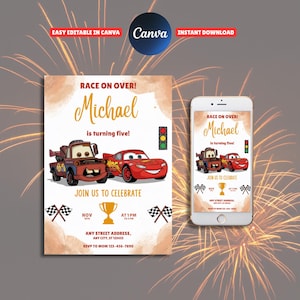 Cars McQueen Invitation, Lightning Mcqueen Birthday Invitation, Cars Birthday Invitation, McQueen Mater Invitation