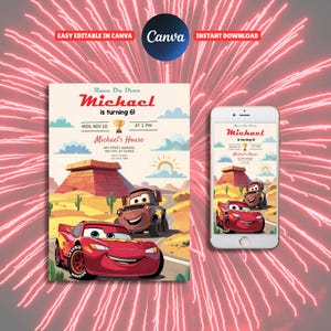 Faire-part Cars McQueen, Faire-part d'anniversaire Lightning McQueen, Faire-part d'anniversaire voitures, Faire-part McQueen Mater
