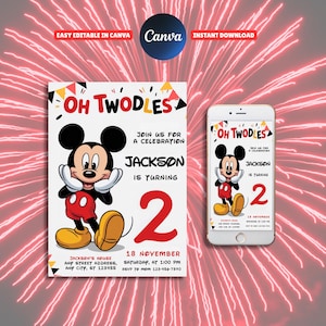 Mickey Mouse Birthday Invitation, Editable & Printable Template, Cute Mickey Mouse Party Invite, Canva Template, Instant Download