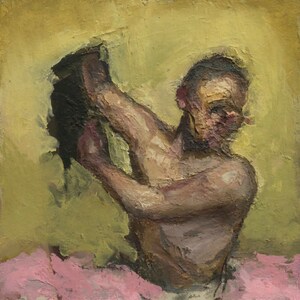 May include: Oil painting of a person with arms raised, set against a yellow-green background. The figure is rendered in shades of brown and pink, with a pink area at the bottom. The artwork has a textured, brushstroke-heavy style.