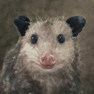 Opossum with cherry, Print from watercolor painting by LVP, XL 13 x 17.5 in / L 11 x 14.8 in / M 8.1 x 11 in / S 5 x 6.8 in image 1