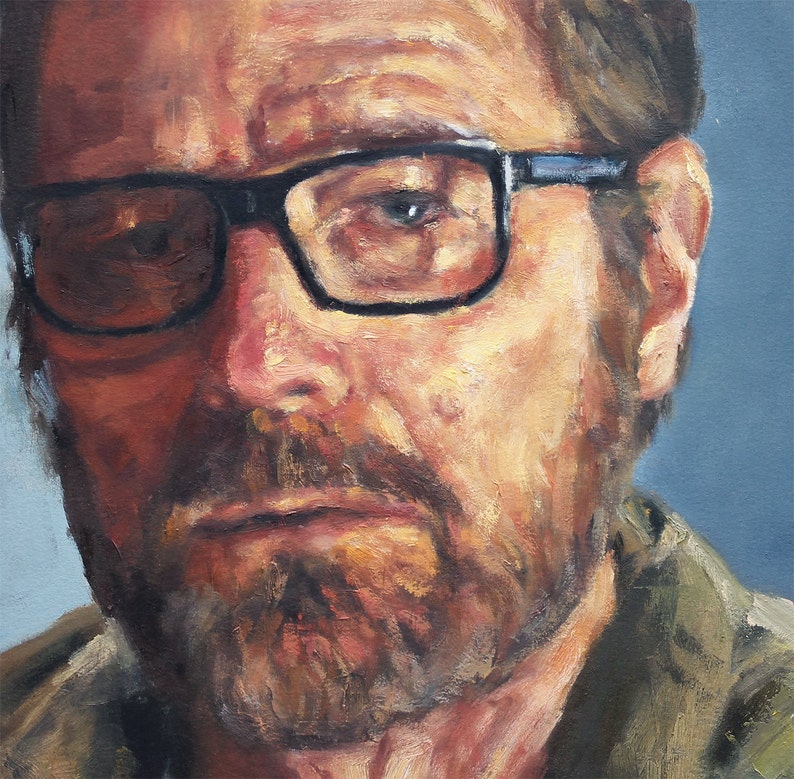 May include: A close-up portrait painting of a man with a beard and glasses. The man is wearing a brown jacket and has a serious expression on his face.