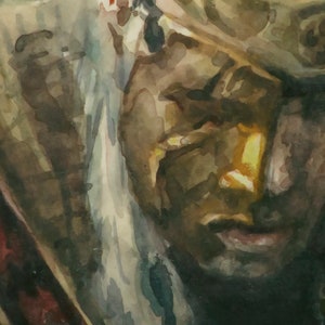 May include: A watercolor painting of a person's face. The person has long white hair and is wearing a brown and gold hat. The person's face is partially obscured by the hat, but their eyes and mouth are visible. The painting is done in a realistic style and the colors are muted.