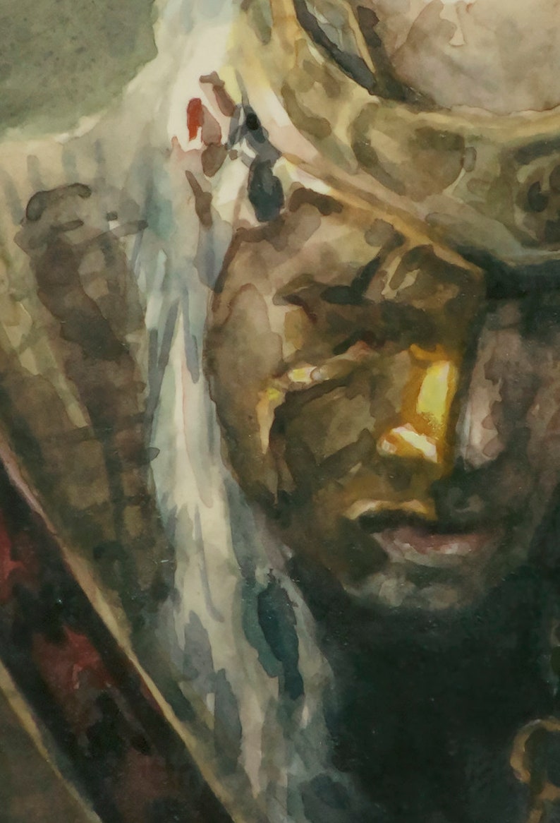 May include: A watercolor painting of a person's face. The person has long white hair and is wearing a brown and gold hat. The person's face is partially obscured by the hat, but their eyes and mouth are visible. The painting is done in a realistic style and the colors are muted.