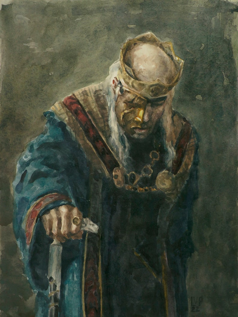 May include: A watercolor painting of a man wearing a crown and a blue robe. He is holding a sword in his right hand and has a serious expression on his face.