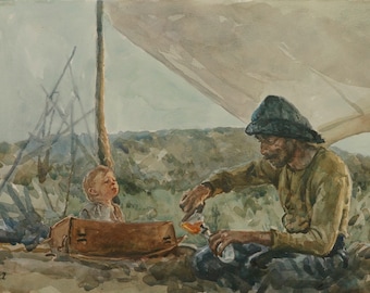 Daniel Plainview and baby HW - original watercolor, 11x16in - There Will Be Blood