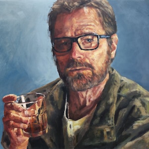 May include: A painting of a man with a beard wearing glasses and a green jacket. He is holding a glass of amber liquid in his hand.