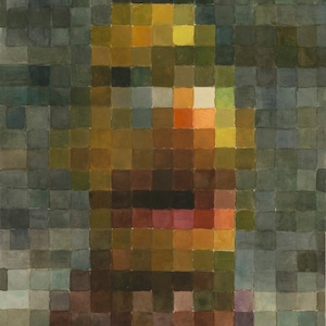 May include: A pixelated portrait of a person with a yellow face, brown hair, and a brown shirt. The background is a dark blue.
