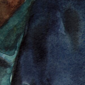 May include: A close-up of a watercolor painting of a person wearing a blue jacket with a green shirt underneath. The artist's signature, "LVP", is visible in the bottom right corner.