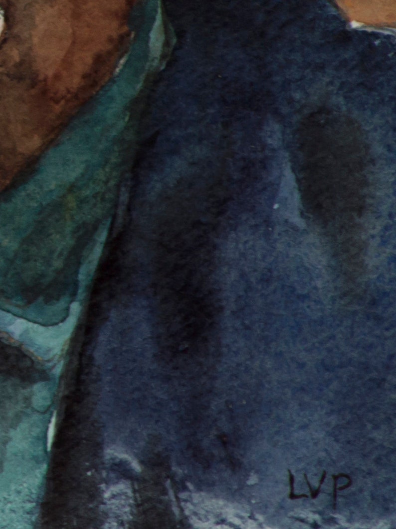 May include: A close-up of a watercolor painting of a person wearing a blue jacket with a green shirt underneath. The artist's signature, "LVP", is visible in the bottom right corner.
