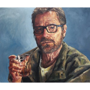 May include: A painting of a man with a beard wearing glasses and a green jacket. He is holding a glass of amber liquid in his right hand.