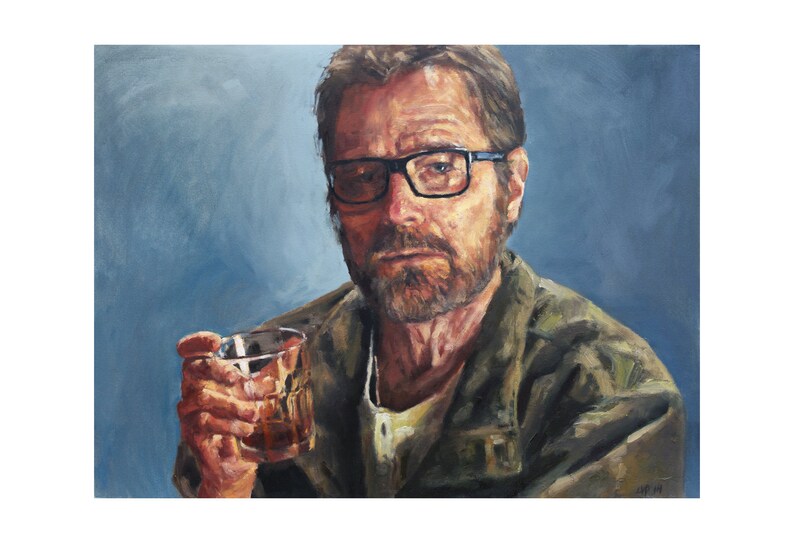 May include: A painting of a man with a beard wearing glasses and a green jacket. He is holding a glass of amber liquid in his right hand.