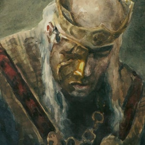 May include: A watercolor painting of a person wearing a crown and a long white beard. The person is looking down and has a serious expression on their face. The painting is done in a realistic style and has a dark background.