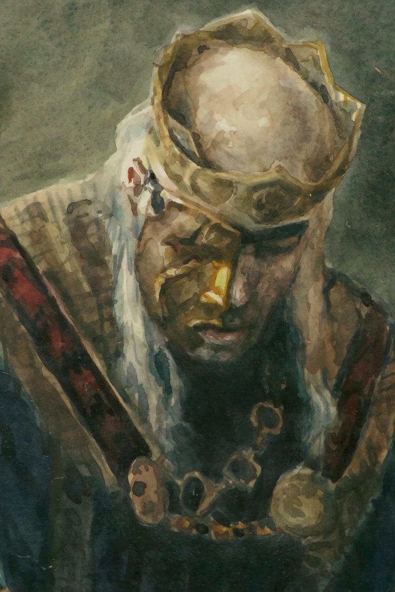 May include: A watercolor painting of a person wearing a crown and a long white beard. The person is looking down and has a serious expression on their face. The painting is done in a realistic style and has a dark background.