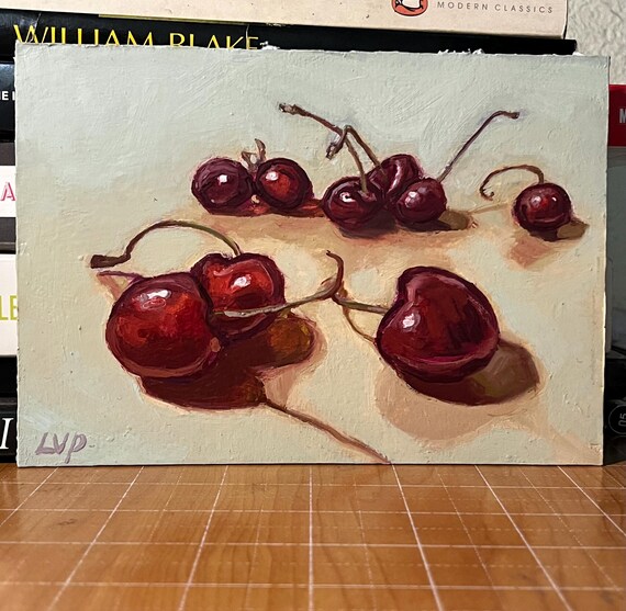 さくらんぼの静物画、5 x 7インチ、下塗りイラストボードに描かれた