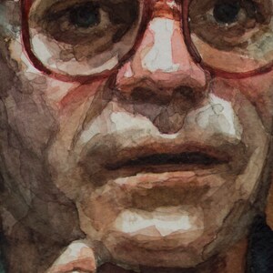 May include: A close-up portrait of a person wearing red-rimmed glasses. The person is looking directly at the viewer with a serious expression. The person's face is painted in a realistic style with visible brushstrokes.