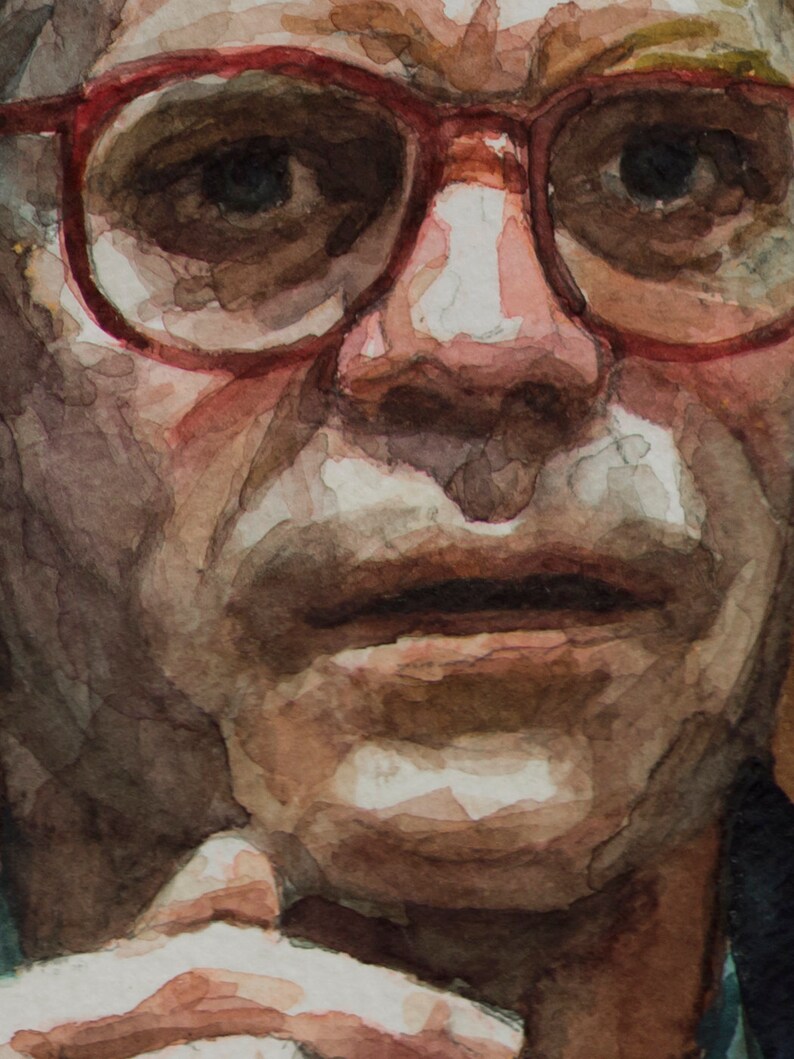 May include: A close-up portrait of a person wearing red-rimmed glasses. The person is looking directly at the viewer with a serious expression. The person's face is painted in a realistic style with visible brushstrokes.