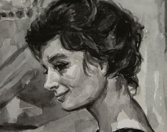 La Dolce Vita watercolor 6x8in, Anouk Aimée