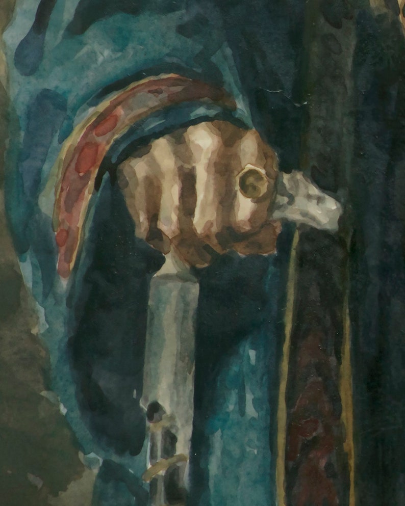 May include: A close-up of a hand holding a silver-colored walking stick with a dark brown handle. The hand is wearing a blue and red sleeve.