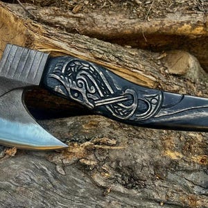 Handmade Viking Pizza Cutter Axe with Engraved Ashwood Handle  Leather Sheath, Skull Design, Viking Style Pizza Cutter  Viking Gift for Men