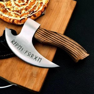 Viking handmade Custom Viking Pizza Axe Carbon Steel Rustic Hand-Forged Pizza Cutter with Wooden Handle | Pizza Slicer, Viking Gift for Men