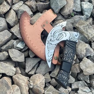 Handmade 11” Pizza Cutter, 10” Cutting Blade with Carbon Steel, Leather Sheath, Skull Design, Viking Style Pizza Cutter  Viking Gift for Men