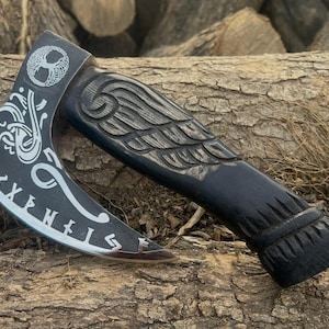 Handmade Viking Pizza Cutter Axe with Engraved Ashwood Handle  Leather Sheath, Skull Design, Viking Style Pizza Cutter  Viking Gift for Men