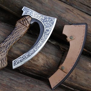Viking TOMAHAWAK Custom Viking Pizza Axe Carbon Steel Rustic Hand-Forged Pizza Cutter with Wooden Handle | Pizza Slicer, Viking Gift for Men