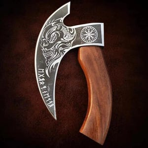 Viking handmade Custom Viking Pizza Axe Carbon Steel Rustic Hand-Forged Pizza Cutter with Wooden Handle | Pizza Slicer, Viking Gift for Men