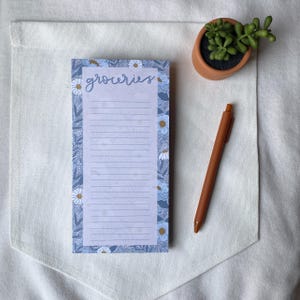 Blue Meadows Grocery Notepad | Tear Off Notepad | Floral Notepad | Handdrawn Florals | Magnetic Notepad