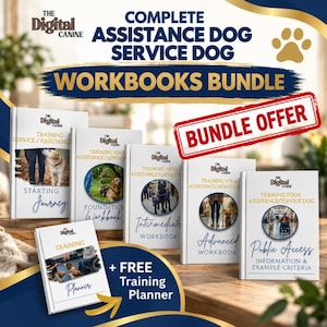May include: A bundle of six white workbooks titled The Digital Canine, featuring training guides for assistance and service dogs. Each cover displays a circular photograph of a dog and handler, with text including Starting Journey, Foundation, Intermediate, Advanced, and Public Access.
