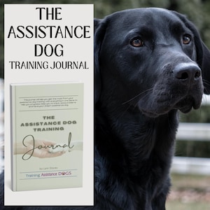 Può includere: Un diario intitolato "The Assistance Dog Training Journal" con un Labrador Retriever nero sullo sfondo. La copertina del diario presenta il titolo, un'impronta di zampa e il nome dell'autore. Il testo del diario promette di aiutare con l'addestramento dei cani di assistenza.