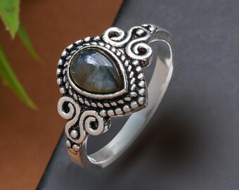 Vintage Labradorite Gemstone Ring, Silver Plated, Gift for women