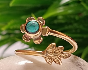 Brass Flower Ring with Turquoise: Adjustable Boho Jewelry