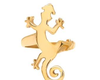 Gold Brass Gecko Ring: Adjustable Lizard Animal Jewelry