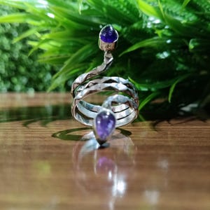 Amethyst Snake Ring: Adjustable Serpent Jewelry, Boho Witchy Style