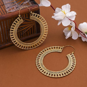 Large Brass Hoop Earrings: Boho Tribal Statement Jewelry