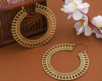 Large Brass Hoop Earrings: Boho Tribal Statement Jewelry