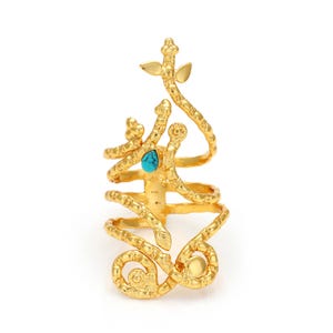 Gold Brass Snake Ring with Turquoise: Adjustable Boho Statement Jewelry
