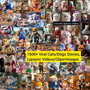 Op de afbeelding: Een collage van afbeeldingen met cartoonkatten en -honden in verschillende poses en omgevingen. Sommige afbeeldingen bevatten tekst die luidt: "Cute pets lypsync Videos" en "1500+ Viral Cats/Dogs Stories, Lypsync Videos/Clips+Images". De afbeeldingen zijn kleurrijk en grillig.