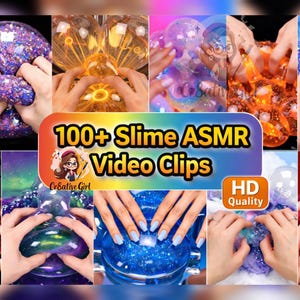 Puede incluir: Una colección de 100+ Slime ASMR Video Clips en calidad HD con varias texturas y colores de slime, incluyendo morado con purpurina, naranja con burbujas y azul con destellos, mostrada en una cuadrícula de múltiples fotogramas de video.
