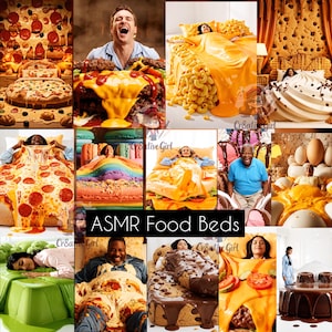 May include: A collection of images showcasing beds constructed from various food items. The beds are adorned with pizza, macaroni cheese, ice cream, and other edible creations. The text "ASMR Food Beds" is visible in the center of the image.