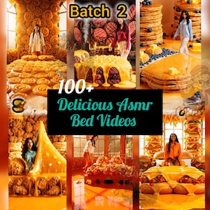 May include: A collage of six scenes featuring people interacting with oversized food-themed bedding, including pancakes, burgers, and pastries. The central black rectangular overlay displays the white and teal text: Batch 2 100+ Delicious Asmr Bed Videos.