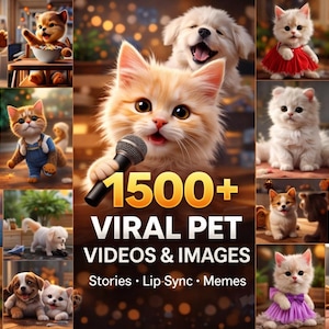 Op de afbeelding: Een digitale collectie van 1500+ virale huisdier-video's en afbeeldingen met diverse kittens en puppy's in verschillende outfits en settings, inclusief een centraal kitten met een microfoon en de tekst 1500+ VIRAL PET VIDEOS & IMAGES Stories Lip-Sync Memes.